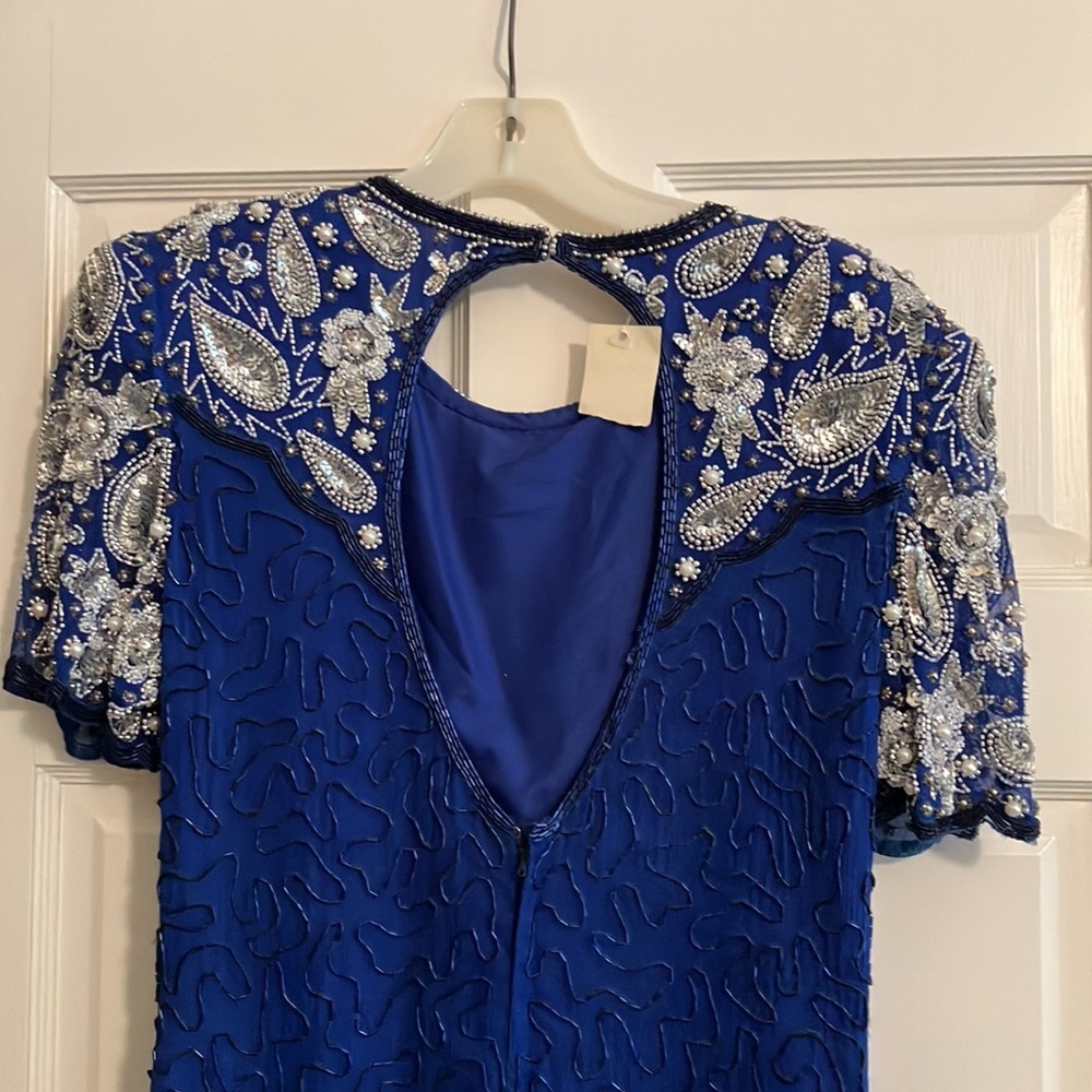NWT women’s VINTAGE Small Lawrence Kazar beaded dress blue - Picture 7 of 11